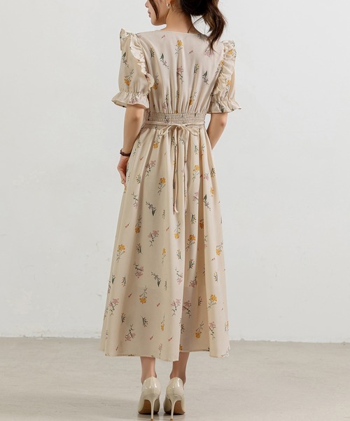 ワンピース パフスリーブ ウエスト切り替え お洒落 韓国 L2024 DAY CLOSET ワンピース レディース 花柄シアーパフスリーブ