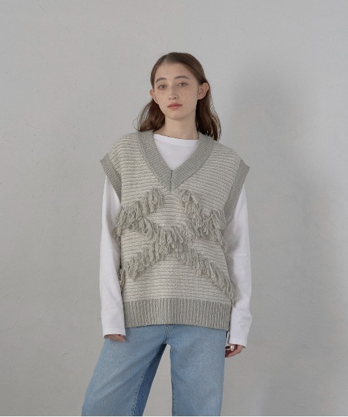 MINERTE ベスト ジレ 「MINERTE」fringe design knit vest