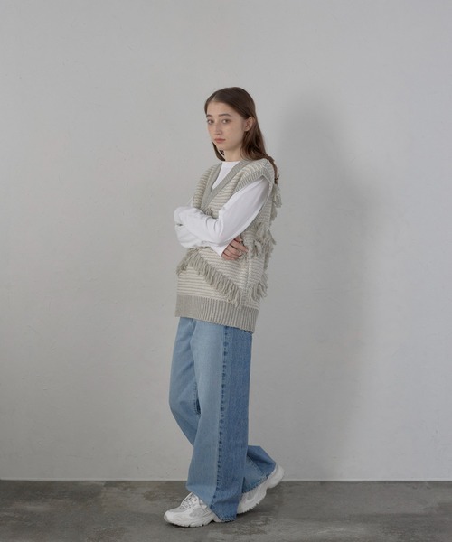 MINERTE ベスト ジレ 「MINERTE」fringe design knit vest
