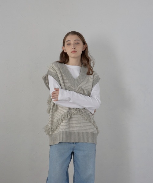 ベスト ジレ 「MINERTE」fringe design knit vest / フリンジデザインVネックニットベスト レディース MINERTE ベスト ジレ 「MINERTE」fringe design knit vest