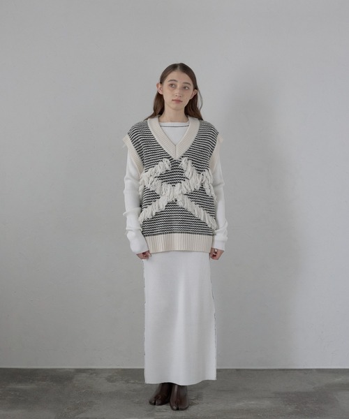 ベスト ジレ 「MINERTE」fringe design knit vest / フリンジデザインVネックニットベスト レディース MINERTE ベスト ジレ 「MINERTE」fringe design knit vest