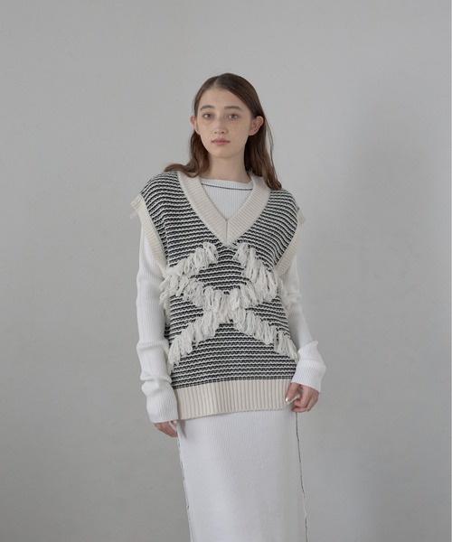 ベスト ジレ FRINGE KNIT VEST レディース MINERTE ベスト ジレ 「MINERTE」fringe design knit vest