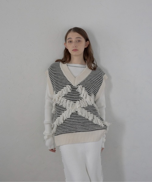 ベスト ジレ fringe vest レディース MINERTE ベスト ジレ 「MINERTE」fringe design knit vest