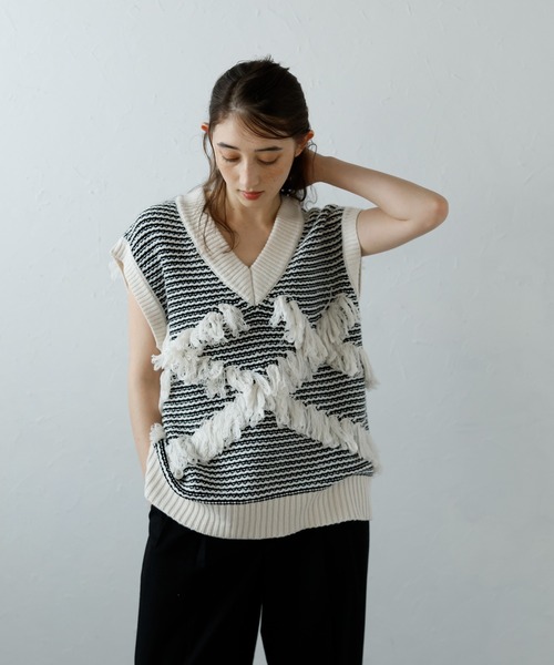 ベスト ジレ 「MINERTE」fringe design knit vest / フリンジデザインVネックニットベスト レディース MINERTE ベスト ジレ 「MINERTE」fringe bulky knit vest