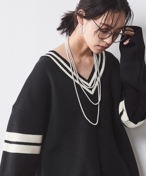 CHIC STYLE ニット セーター 袖ラインVネックニットプルオーバー