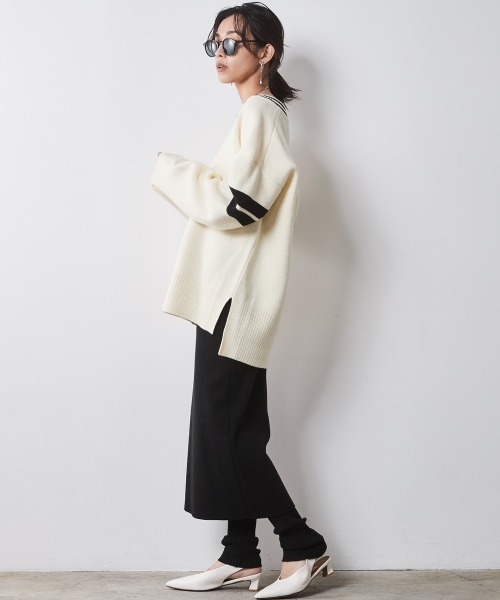 CHIC STYLE ニット セーター 袖ラインVネックニットプルオーバー