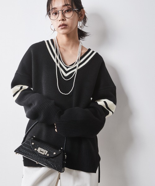 CHIC STYLE ニット セーター 袖ラインVネックニットプルオーバー