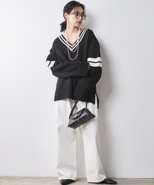 CHIC STYLE ニット セーター 袖ラインVネックニットプルオーバー