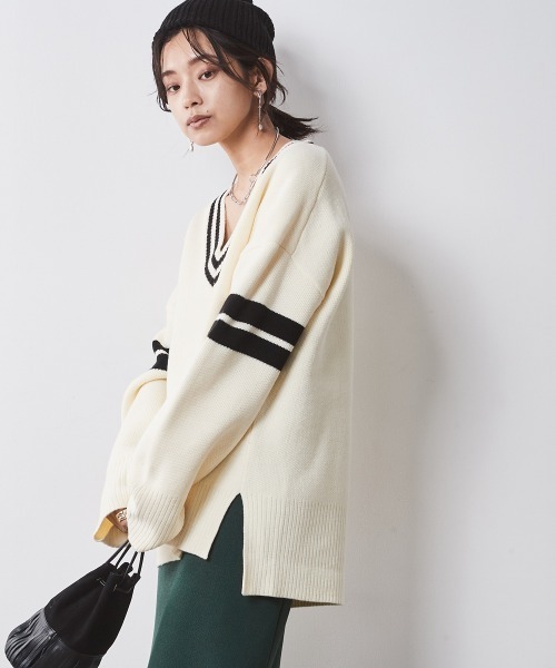 CHIC STYLE ニット セーター 袖ラインVネックニットプルオーバー
