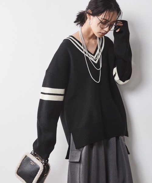 274u*新品 ルネ Rene ライン Vネック ニット プルオーバー 袖ラインVネックニットプルオーバー＜大きいサイズ有＞シック