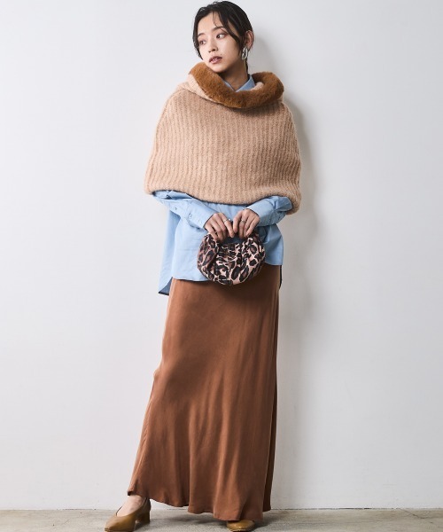 大きいサイズ レディース トップス フェイクファー付マントニット シックスタイル対応 CHIC STYLE ニット セーター フェイクファー付マントニット