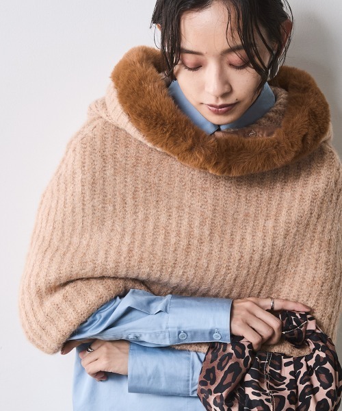 大きいサイズ レディース トップス フェイクファー付マントニット シックスタイル対応 CHIC STYLE ニット セーター フェイクファー付マントニット