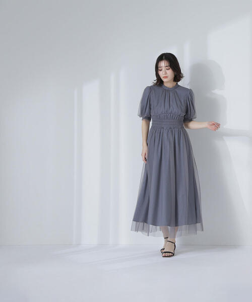 ドットチュールレイヤードプリーツワンピース LEJA】総レースドットチュールレイヤードプリーツ後ろリボン