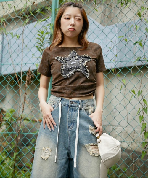 tシャツ 「デニム星ワッペン×ムラ染め」リメイク風Tシャツ／こなれ