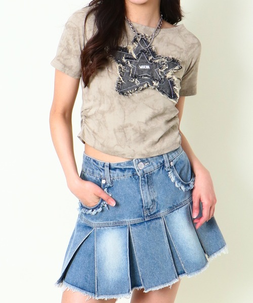 tシャツ 「デニム星ワッペン×ムラ染め」リメイク風Tシャツ／こなれ