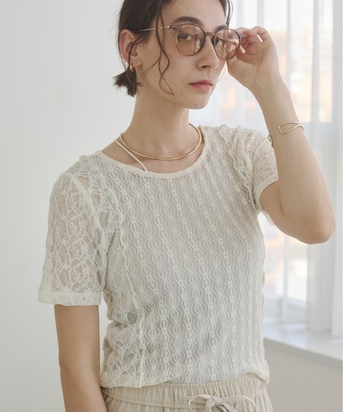 ANGIE tシャツ 半袖 パッチワーク レース シアートップス (半袖