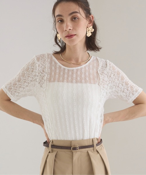 ANGIE tシャツ 半袖 パッチワーク レース シアートップス (半袖