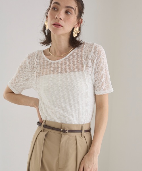 ANGIE tシャツ パッチワーク レース シアートップス (半袖