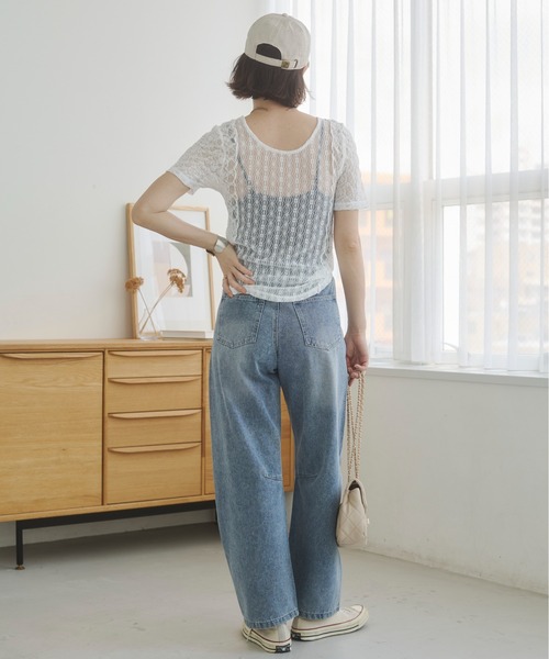 ANGIE tシャツ 半袖 パッチワーク レース シアートップス (半袖 