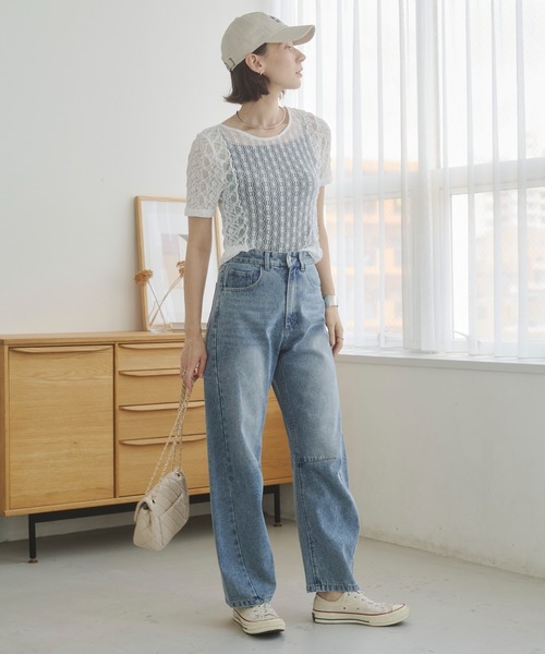 ANGIE tシャツ 半袖 パッチワーク レース シアートップス (半袖