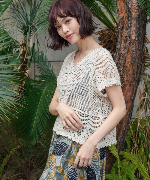 【美品】ANAYI　アナイ　夏　透かし　半袖トップス　38 新品タグ付】ANAYI アナイ 半袖トップス ネイビー 38 M