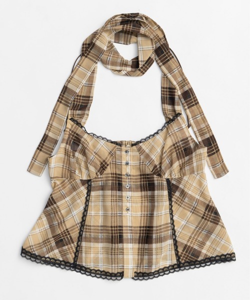 MAISON SPECIAL チェックホルターペプラムシアートップス Plaid Halter Peplum Sheer Tops