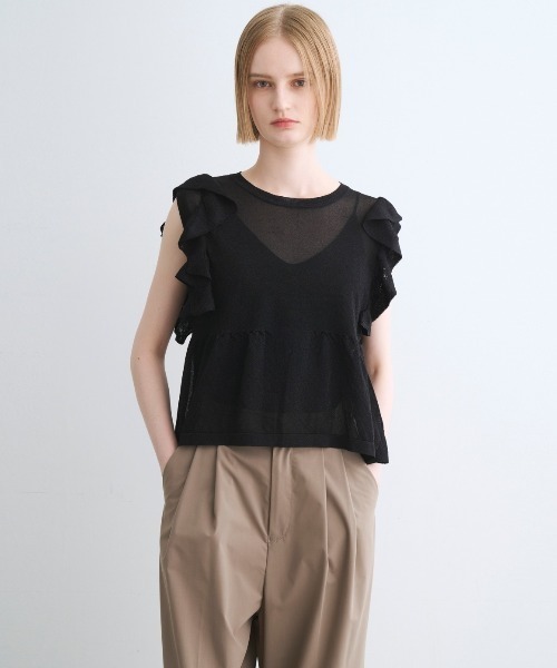 tシャツ シマ―セーター ラッフルトップス レディース