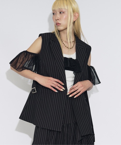 Ezick ベスト ジレ Pinstripe ベルトツキジレベスト/setup対応