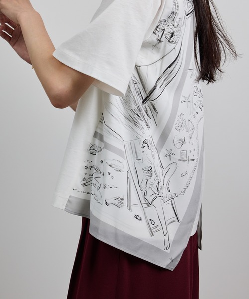 tシャツ 「洗える」「YUKO SAEKI for ROPE’・コラボ」スカーフ柄プリント Aラインカットソー レディース ROPE' tシャツ 「洗える」「YUKO SAEKI for ROPE'・コラボ