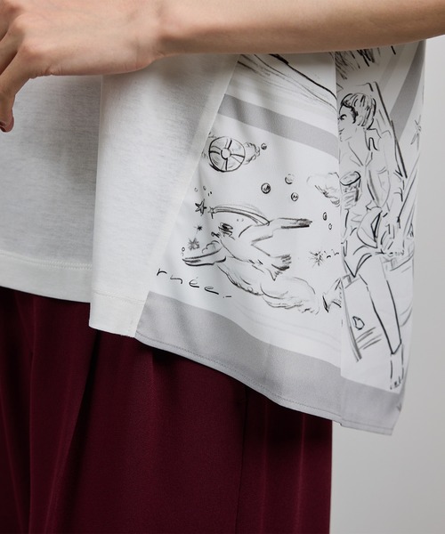 tシャツ 「洗える」「YUKO SAEKI for ROPE’・コラボ」スカーフ柄プリント Aラインカットソー レディース ROPE' tシャツ 「洗える」「YUKO SAEKI for ROPE'・コラボ