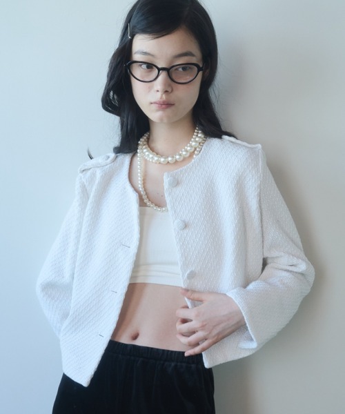 fekete ホワイト ノーカラージャケット XS FEKETE（フェケテ） ジャケット ノーカラージャケット cropped tweed