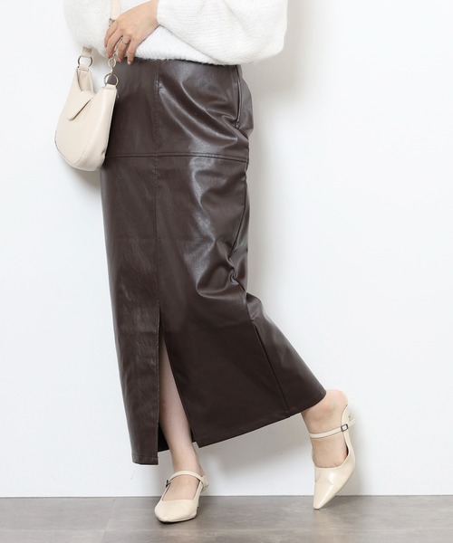 スカート フェイクレザー切替スリットロングスカート | FUNALIVE