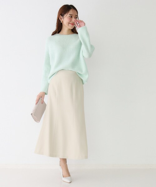 【手洗い可】【美品】ベイジ BEIGE★ノーカラー スカートスーツ Vネック COUP DE CHANCE（クードシャンス） スカート 「手洗い可／日本製