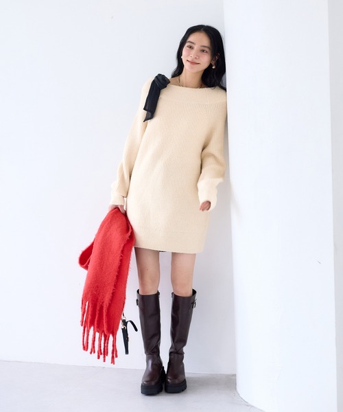 VIS（ビス） ワンピース 肩リボンミニ丈ニットワンピース/2WAY