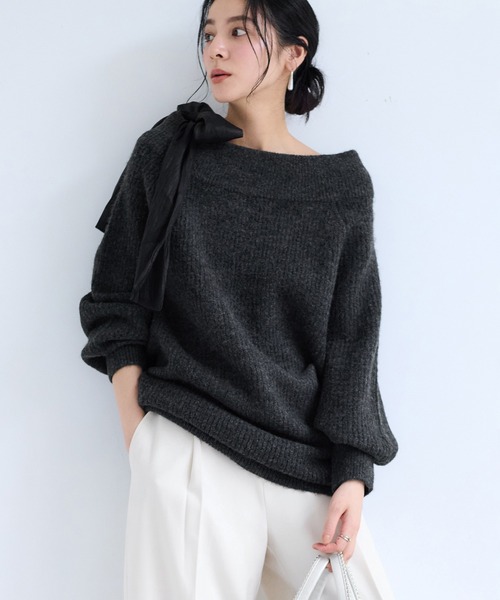 VIS（ビス） ワンピース 肩リボンミニ丈ニットワンピース/2WAY