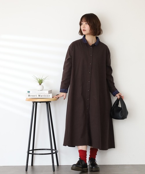 Emago（イマゴ） シャツワンピース つぶつぶ刺繍ワンピース 長袖