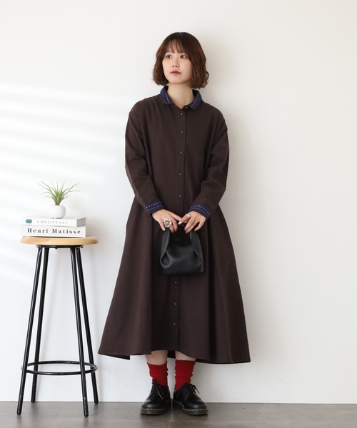 Emago（イマゴ） シャツワンピース つぶつぶ刺繍ワンピース 長袖
