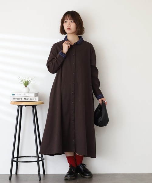 Emago（イマゴ） シャツワンピース つぶつぶ刺繍ワンピース 長袖