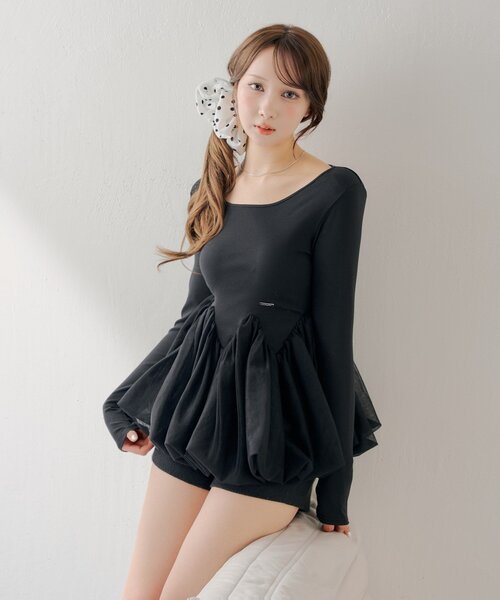 SALON by chico チューリップチュールバルーントップス　ブラック Chico（チコ） tシャツ WEB限定「SALON by Chico」チューリップ