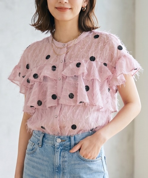 CH_hdmn ブラウス シャツ 夏 ドット刺繍シアーブラウス / フリル