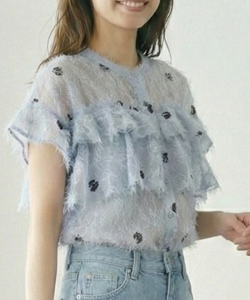 オブリ　OBLI　オーガンジードットフリルブラウス　シアーブラウス　ドット CH_hdmn ブラウス シャツ 夏 ドット刺繍シアーブラウス / フリル