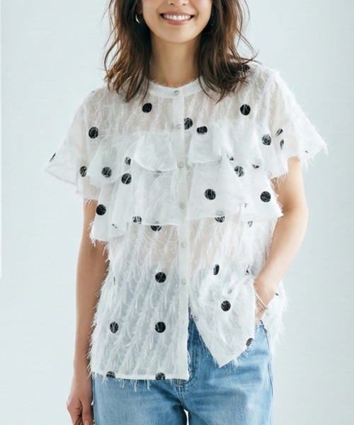 ブラウス シャツ ドット刺繍ラメフリンジフリル袖シアーブラウス 