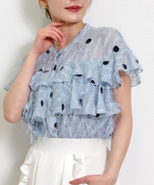 ドット フリルスリーブブラウス ウォッシャブル　ミント CH_hdmn ブラウス シャツ 夏 ドット刺繍シアーブラウス / フリル