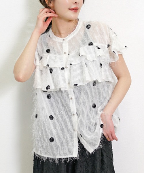 CH_hdmn ブラウス シャツ 夏 ドット刺繍シアーブラウス / フリル