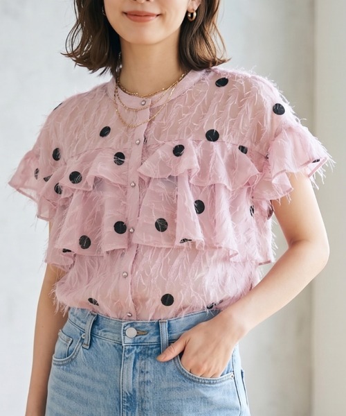 ドット刺繍 パフスリーブ シアーブラウス CH_hdmn ブラウス シャツ 夏 ドット刺繍シアーブラウス / フリル