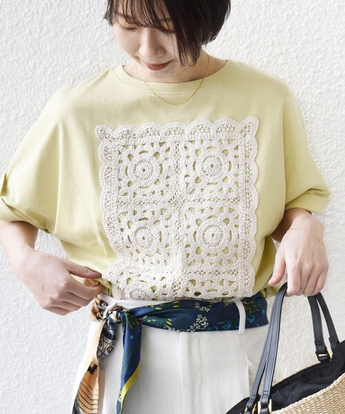 tシャツ 「WEB限定」「汗染み防止/手洗い可能」クロシェ ドッキング ショート スリーブ TEE レディースの画像