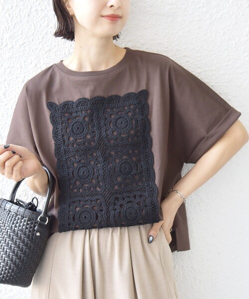 tシャツ 「WEB限定」「汗染み防止/手洗い可能」クロシェ ドッキング ショート スリーブ TEE レディースの画像
