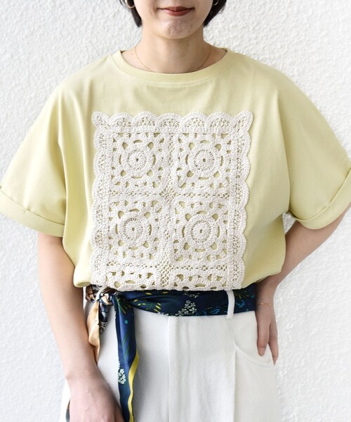 tシャツ 「WEB限定」「汗染み防止/手洗い可能」クロシェ ドッキング ショート スリーブ TEE レディースの画像