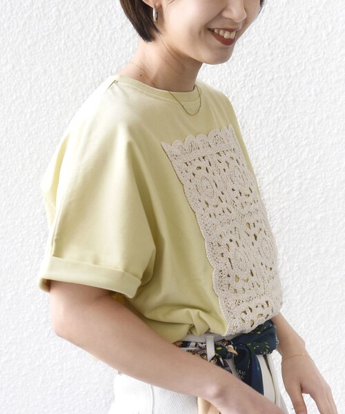 tシャツ 「WEB限定」「汗染み防止/手洗い可能」クロシェ ドッキング ショート スリーブ TEE レディースの画像