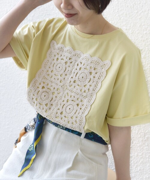 tシャツ 「WEB限定」「汗染み防止/手洗い可能」クロシェ ドッキング ショート スリーブ TEE レディースの画像